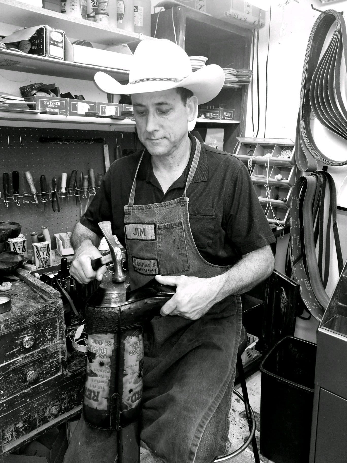 Me working in my shop in 2019, J.B. Custom Leather
